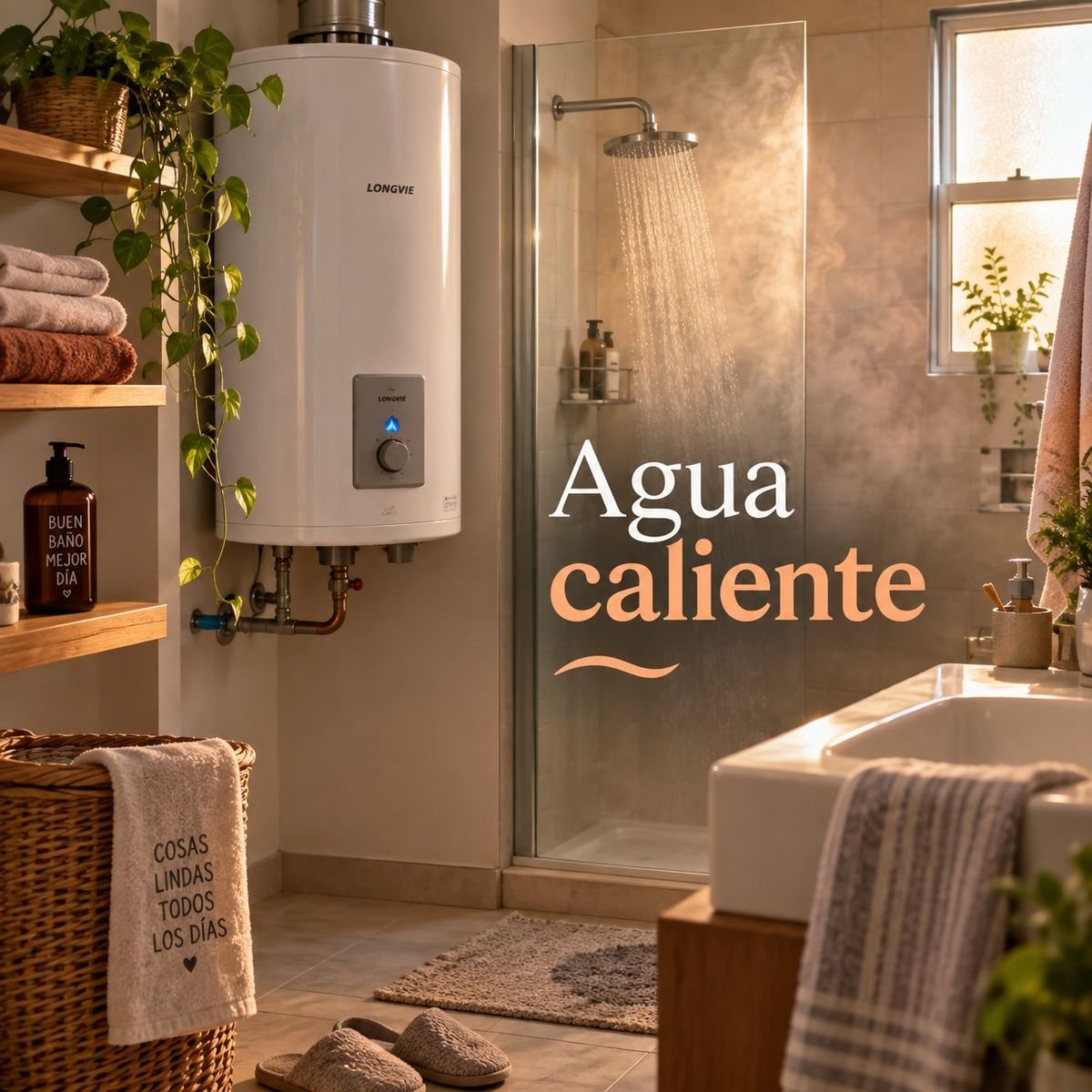 Termotanque instalado en un baño con ducha funcionando