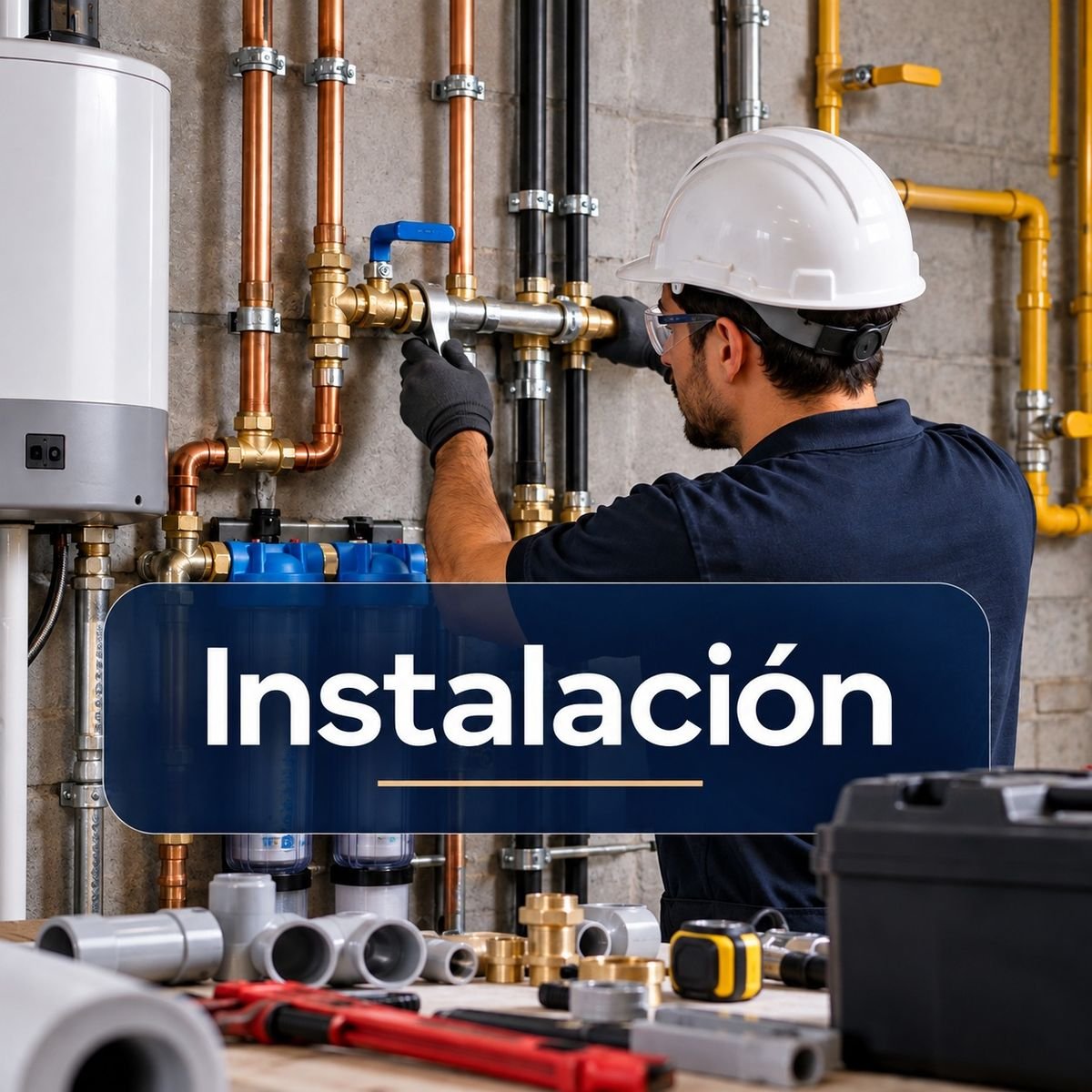Instalador trabajando en una instalación de agua y gas en obra