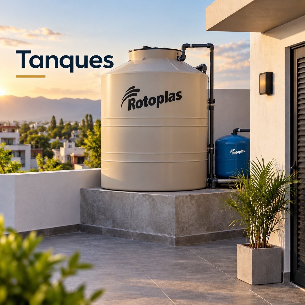 Tanque de agua y tanque de presión instalados en una terraza