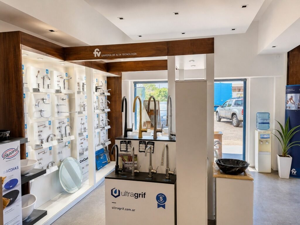 Exhibición de griferías y bachas en Borgas Sanitarios