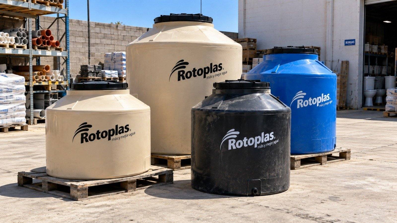 Tanques Rotoplas en el depósito de Borgas Sanitarios