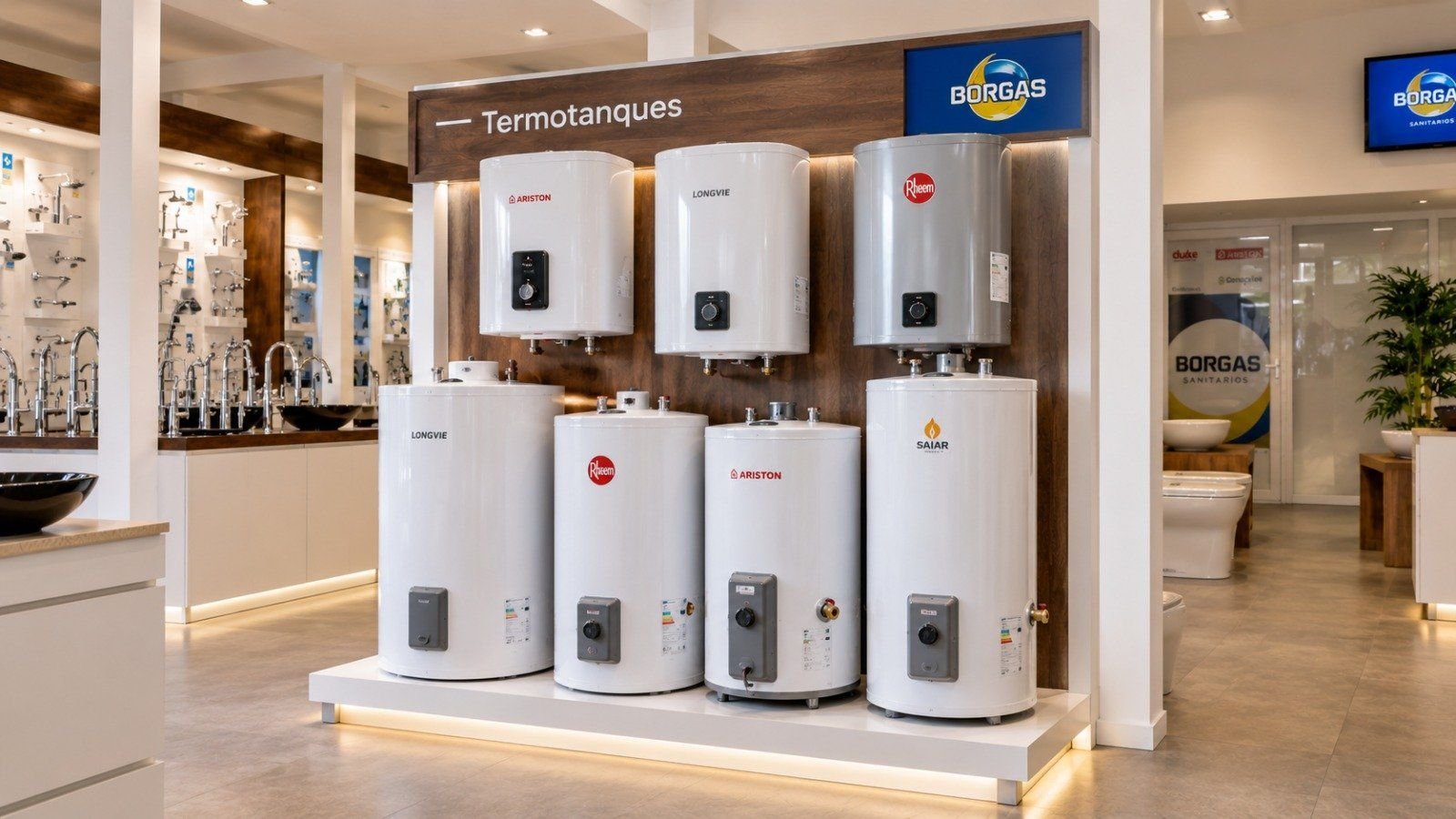 Exhibición de termotanques en el showroom de Borgas Sanitarios